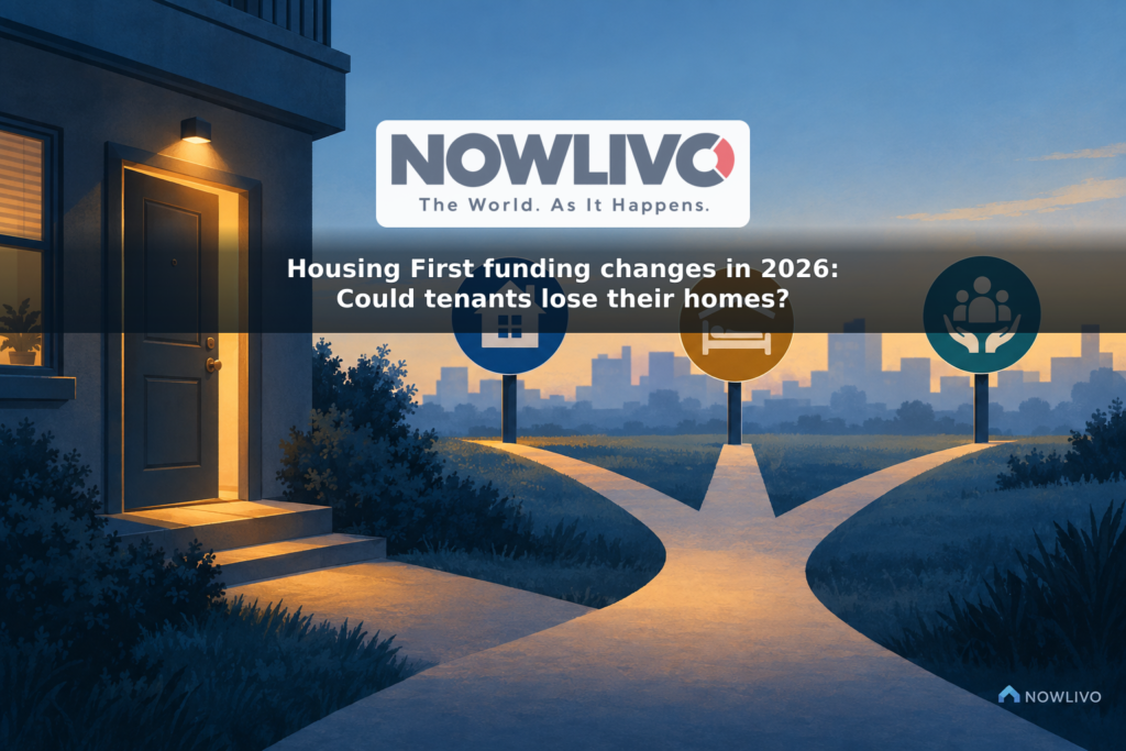 Conceptual illustration of a lit apartment door beside paths symbolizing permanent housing, shelter and support services, with a NOWLIVO logo watermark if the supplied asset is available.