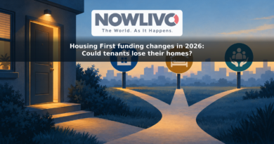 Conceptual illustration of a lit apartment door beside paths symbolizing permanent housing, shelter and support services, with a NOWLIVO logo watermark if the supplied asset is available.