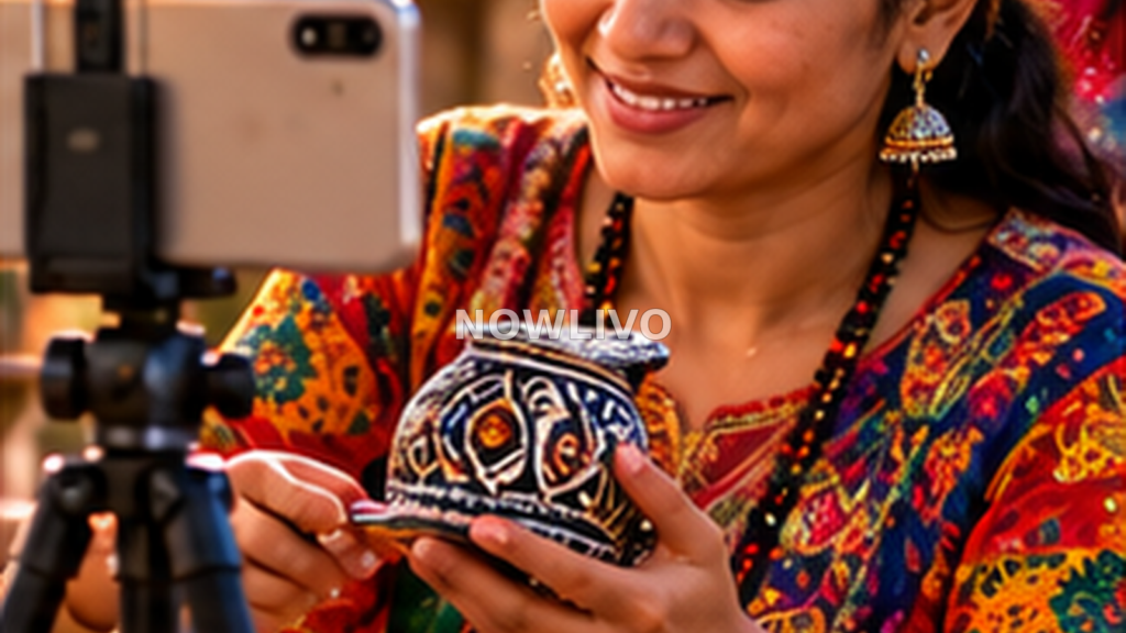 Indian craft seller filming handmade colorful pottery in golden-hour market light