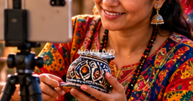 Indian craft seller filming handmade colorful pottery in golden-hour market light