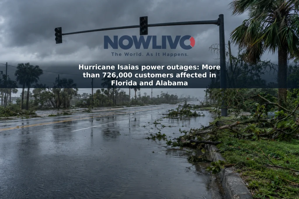 Rain-soaked Gulf Coast street with standing water, fallen branches and an unlit traffic signal.