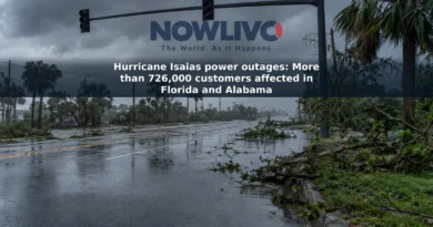 Rain-soaked Gulf Coast street with standing water, fallen branches and an unlit traffic signal.