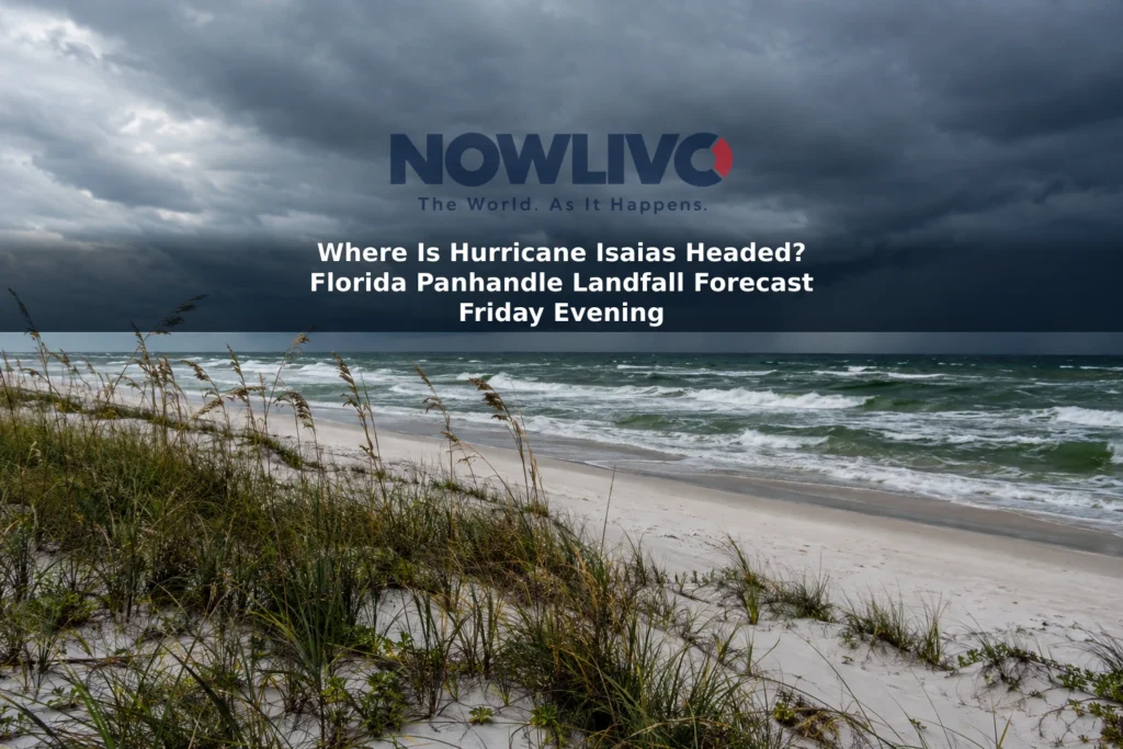 Illustrative view of rough Gulf Coast surf and dark clouds beyond beach dunes.