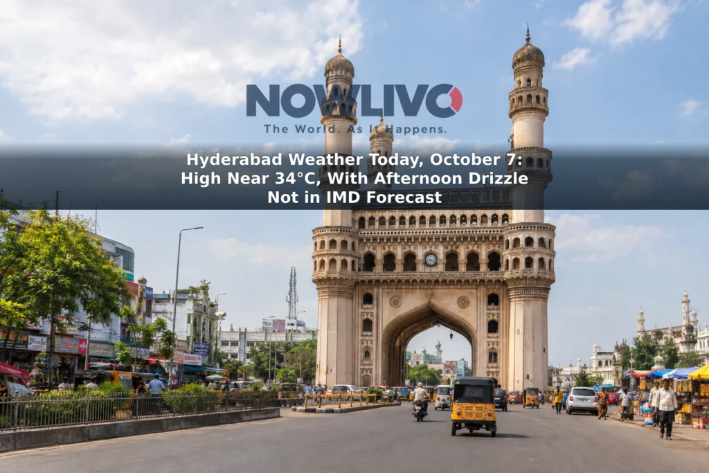 Charminar and a dry Hyderabad street beneath a bright, partly cloudy sky