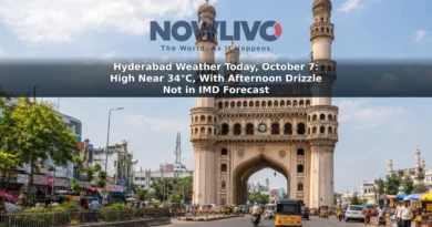 Charminar and a dry Hyderabad street beneath a bright, partly cloudy sky