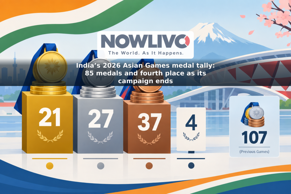Illustrated medal groups show India’s 21 gold, 27 silver and 37 bronze medals, with a fourth-place marker and a comparison to 107 medals at the previous Games.