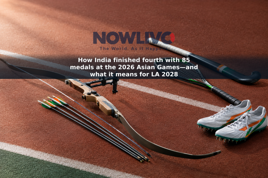 Archery, hockey, squash and athletics equipment arranged together in an editorial sports image.