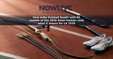 Archery, hockey, squash and athletics equipment arranged together in an editorial sports image.