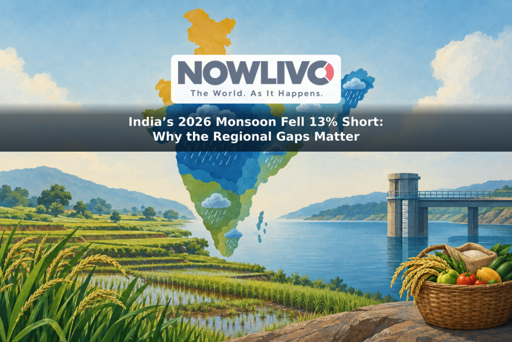Conceptual illustration of uneven monsoon rain across India, with fields, a reservoir gauge and a food basket in the foreground.