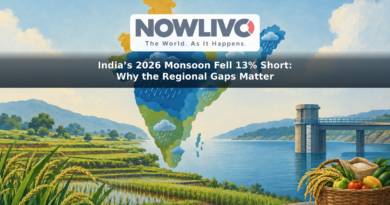 Conceptual illustration of uneven monsoon rain across India, with fields, a reservoir gauge and a food basket in the foreground.