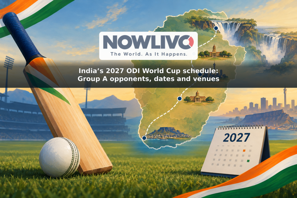 Illustrated cricket bat, ball and route map marking the cities on India’s 2027 ODI World Cup group schedule.