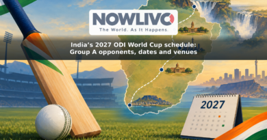 Illustrated cricket bat, ball and route map marking the cities on India’s 2027 ODI World Cup group schedule.