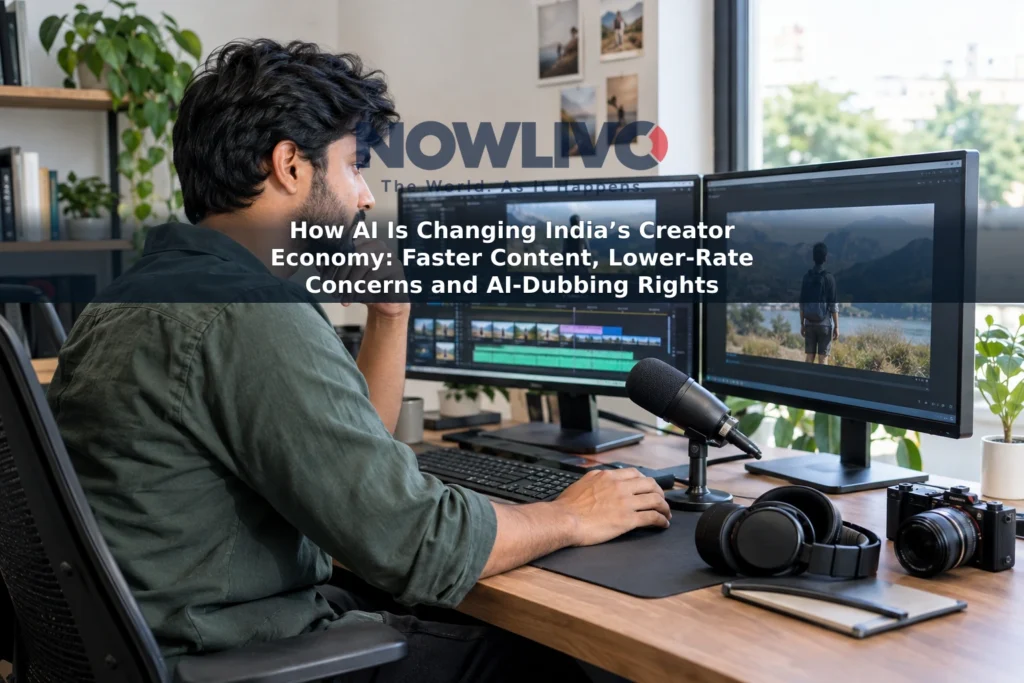 An adult creator reviews video edits and a language-version preview at a home-studio desk.