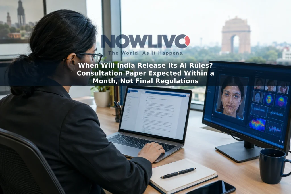 Professional reviewing an AI policy document on a laptop in a New Delhi office.