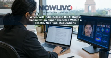 Professional reviewing an AI policy document on a laptop in a New Delhi office.