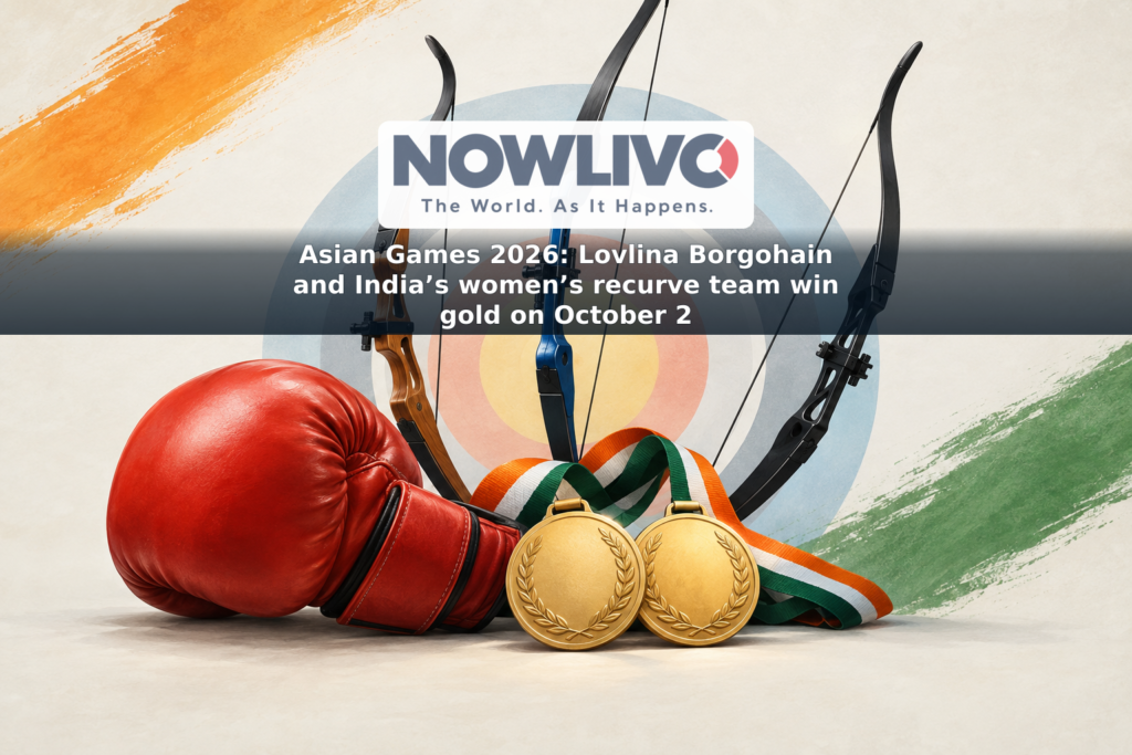 Conceptual illustration of a boxing glove and three recurve bows alongside two gold medals.