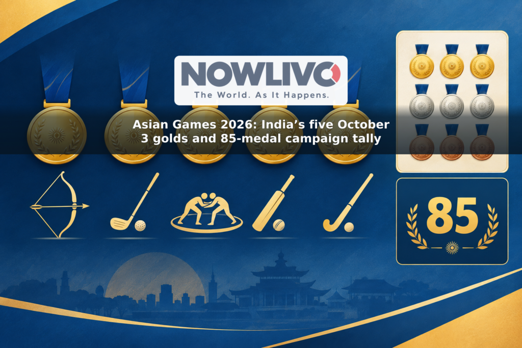 Illustration of five gold medals beside archery, golf, wrestling, cricket and hockey symbols, with separate counts for nine medals on October 3 and 85 across India’s campaign.