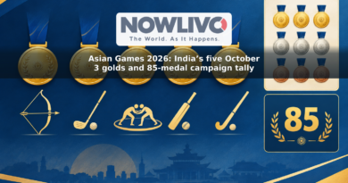 Illustration of five gold medals beside archery, golf, wrestling, cricket and hockey symbols, with separate counts for nine medals on October 3 and 85 across India’s campaign.