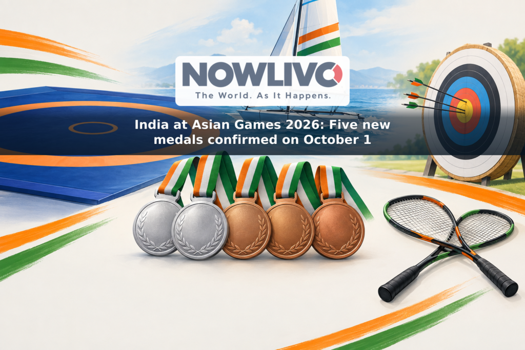 Illustration of wrestling, sailing, archery and squash equipment beside two silver and three bronze medal icons.
