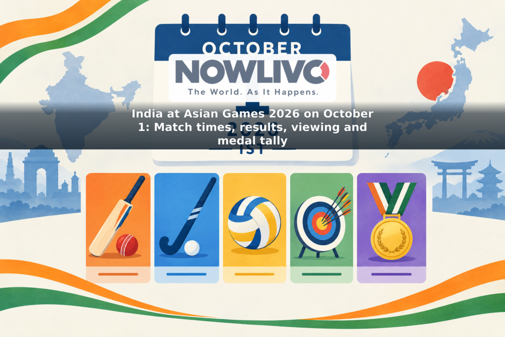 Illustrated October 1 Asian Games timetable with icons for India’s cricket, hockey, volleyball and archery events.