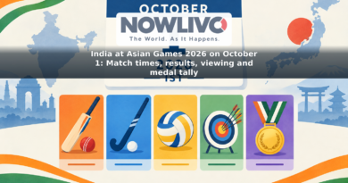Illustrated October 1 Asian Games timetable with icons for India’s cricket, hockey, volleyball and archery events.