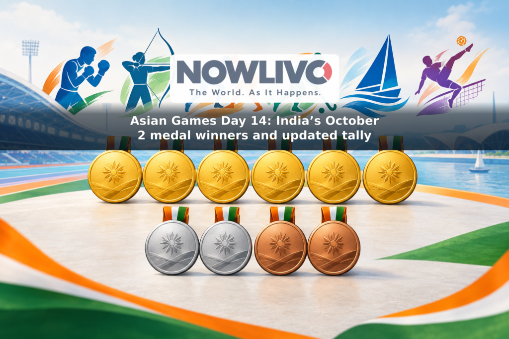 Illustration of six gold, two silver and two bronze medals alongside symbols for the sports in which India won medals on October 2.