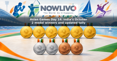 Illustration of six gold, two silver and two bronze medals alongside symbols for the sports in which India won medals on October 2.