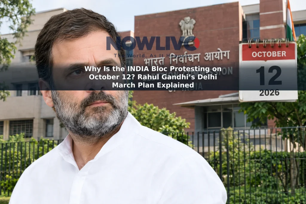 Editorial illustration of Rahul Gandhi with the Election Commission headquarters and an October 12, 2026 calendar page.