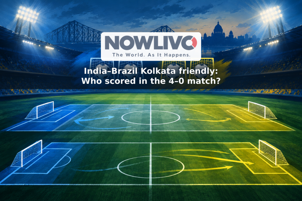 Illustration of blue and yellow football teams on a floodlit pitch, with four goal motifs representing Brazil’s 4–0 win in Kolkata.