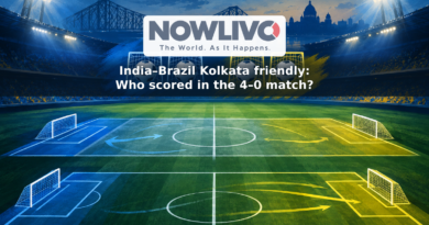 Illustration of blue and yellow football teams on a floodlit pitch, with four goal motifs representing Brazil’s 4–0 win in Kolkata.