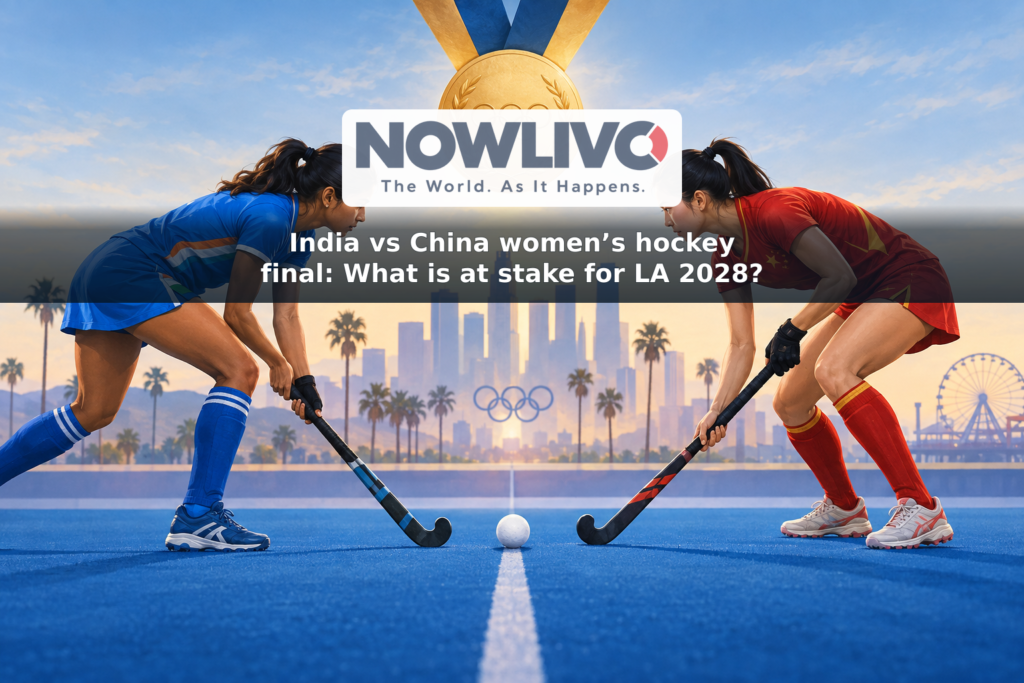 Illustration of two anonymous women’s field-hockey players facing off beneath a gold medal symbol, with Los Angeles 2028 indicated in the background.