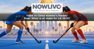 Illustration of two anonymous women’s field-hockey players facing off beneath a gold medal symbol, with Los Angeles 2028 indicated in the background.
