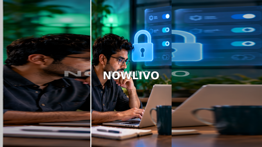 Professional reviewing digital privacy controls on a laptop with a glowing security lock illustration