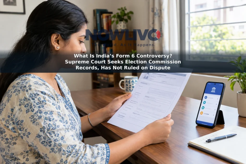 Illustrative scene of an adult reviewing voter-registration paperwork beside a smartphone.