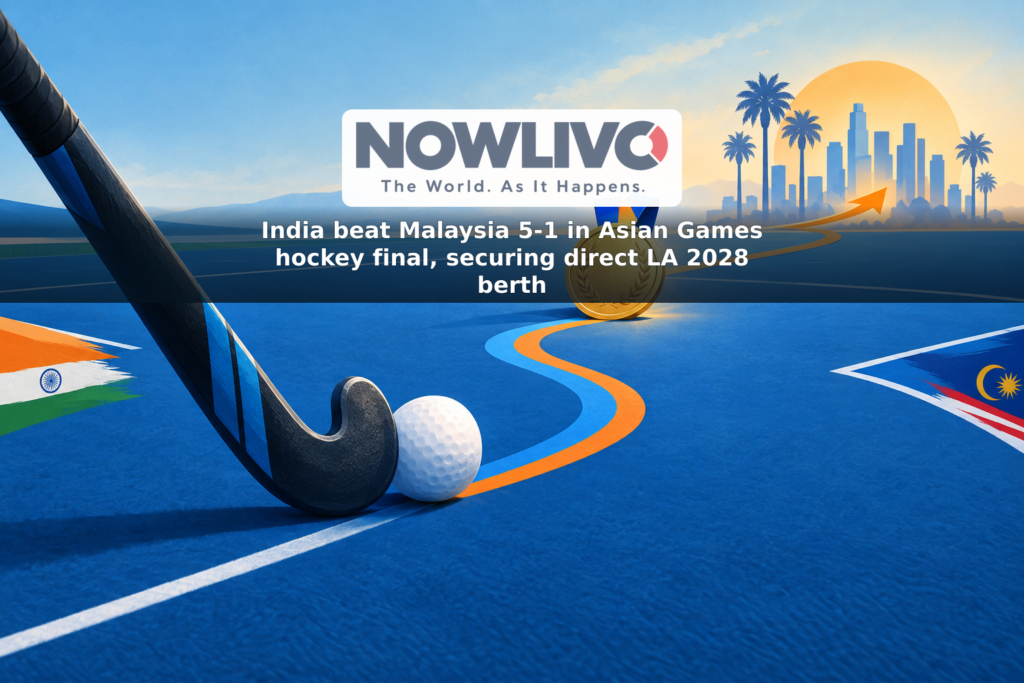Illustrated hockey stick and ball beside a gold medal, with a route line pointing toward Los Angeles 2028.