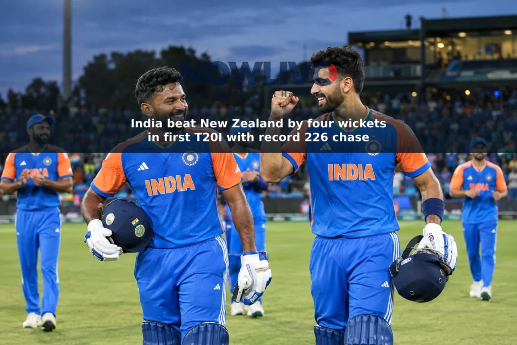 Illustrative image of Sanju Samson and Naman Dhir celebrating an Indian cricket victory at a floodlit stadium