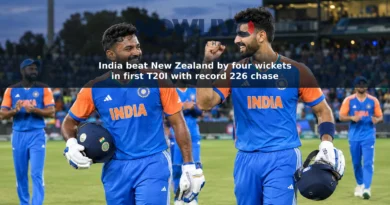 Illustrative image of Sanju Samson and Naman Dhir celebrating an Indian cricket victory at a floodlit stadium
