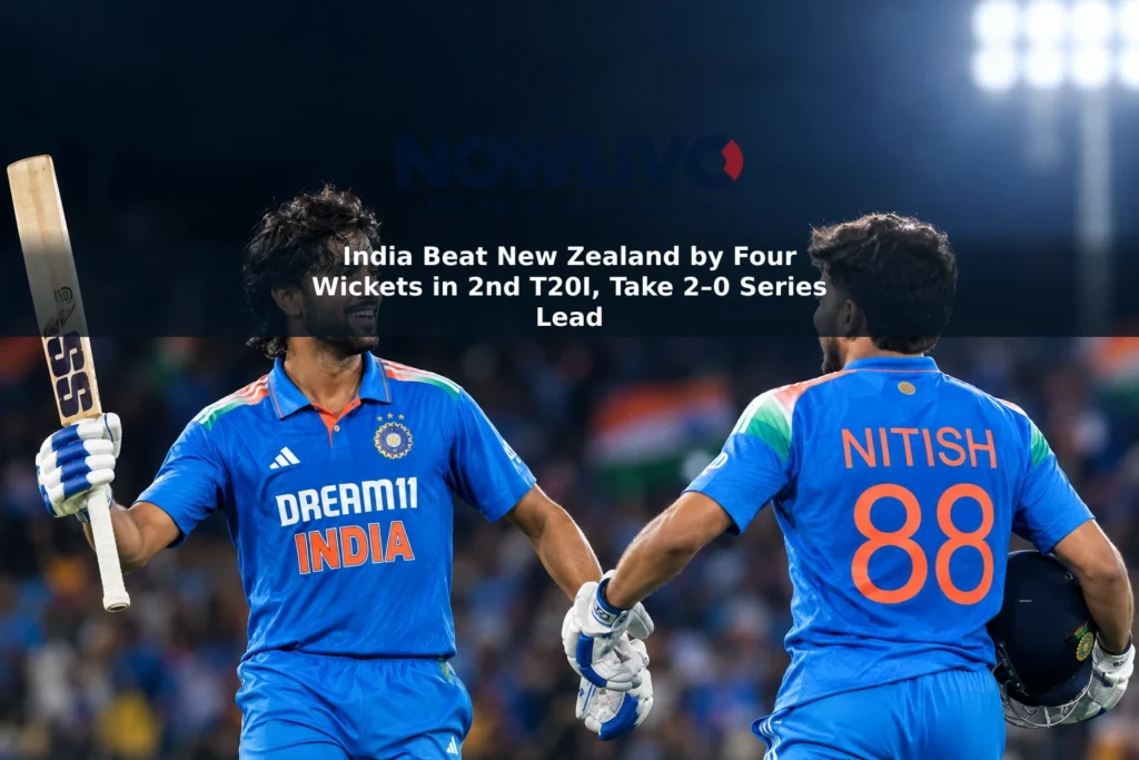 Editorial illustration of Tilak Varma and Nitish Kumar Reddy celebrating India’s second T20I win over New Zealand in Christchurch.