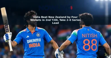 Editorial illustration of Tilak Varma and Nitish Kumar Reddy celebrating India’s second T20I win over New Zealand in Christchurch.