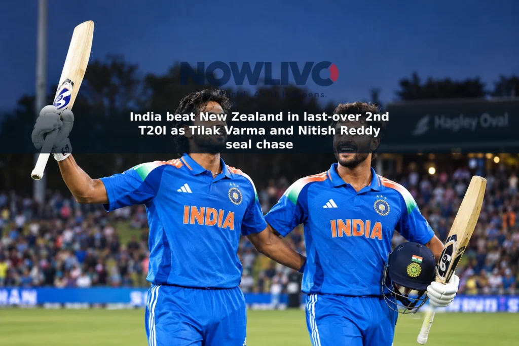 Editorial depiction of Tilak Varma and Nitish Kumar Reddy celebrating India’s last-over T20I win over New Zealand in Christchurch.