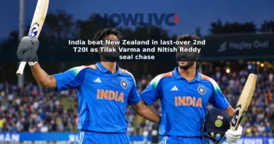 Editorial depiction of Tilak Varma and Nitish Kumar Reddy celebrating India’s last-over T20I win over New Zealand in Christchurch.