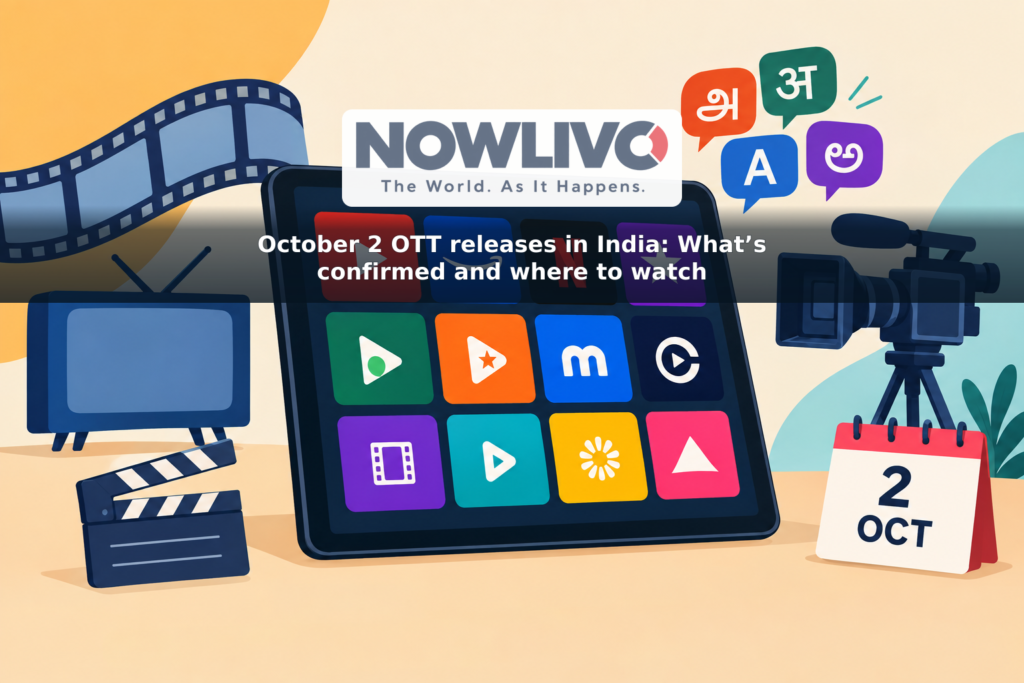 Illustrated tablet showing streaming tiles and film and television icons beside an October 2 calendar tile