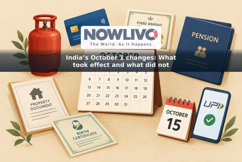 Illustration of October calendar dates with symbols for LPG, banking, pensions, property paperwork and UPI payments.