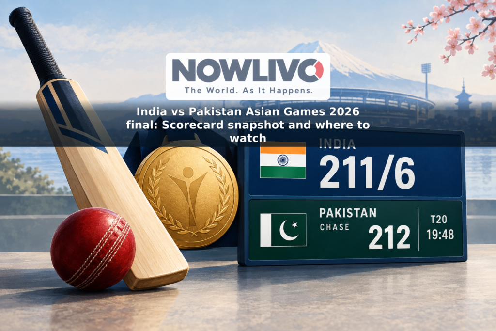 Illustrated cricket scoreboard showing India’s 211/6 and a time-stamped Pakistan chase snapshot beside a gold medal.