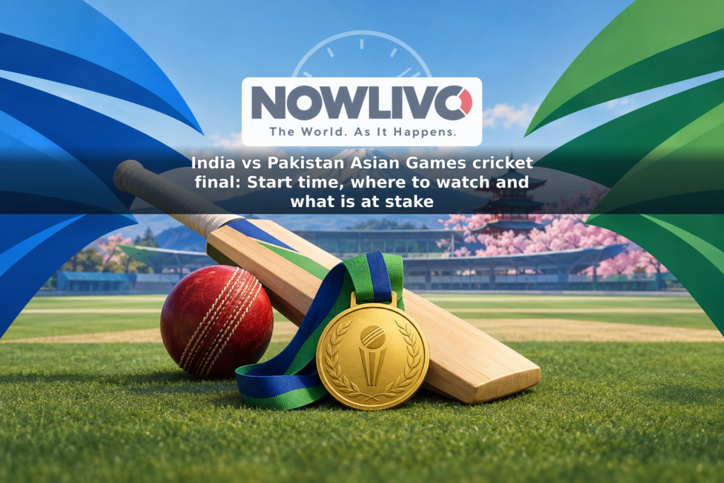 Illustration of a cricket bat, ball and gold medal with blue and green team-color shapes at a stylized ground.