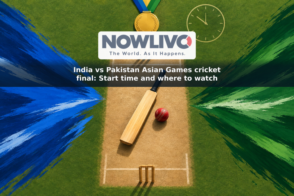 Illustration of a cricket bat and ball between blue and green team-color motifs, with a gold medal symbol and clock.