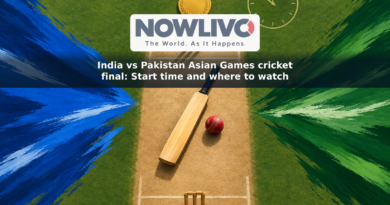 Illustration of a cricket bat and ball between blue and green team-color motifs, with a gold medal symbol and clock.