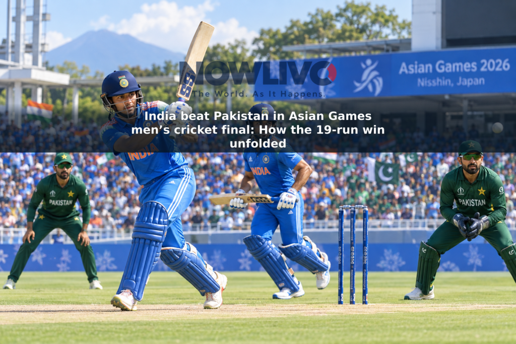 Editorial illustration of India batting against Pakistan during the Asian Games men’s cricket final in Nisshin.