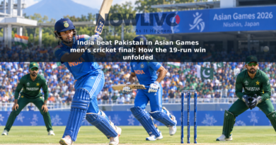Editorial illustration of India batting against Pakistan during the Asian Games men’s cricket final in Nisshin.