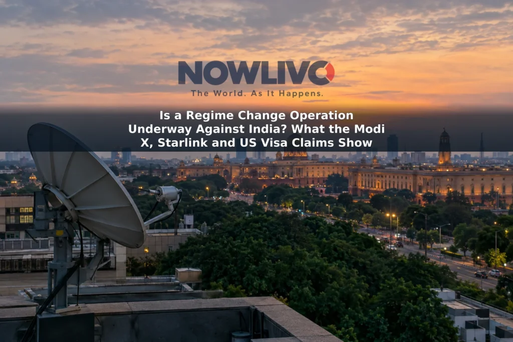 Satellite communications dish overlooking New Delhi’s government district at dusk
